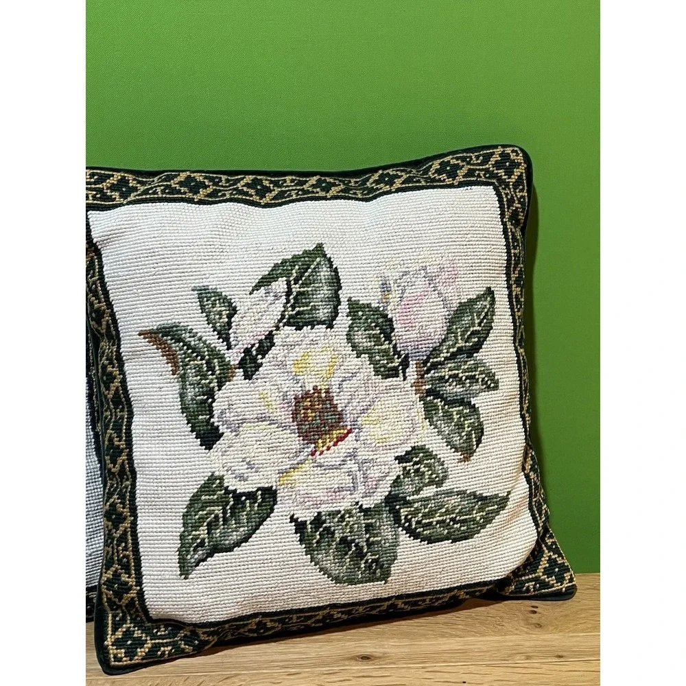 Needlepoint Magnolia & Dogwood Floral Pillow Green Velvet‎ Backing-Set 2 Vintage